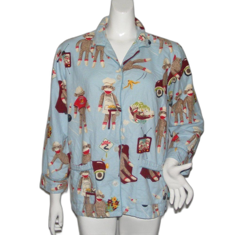 NICK & NORA Pajama Top, M, Blue, Sock Monkey Daily Tasks, Long sleeves, Fleece